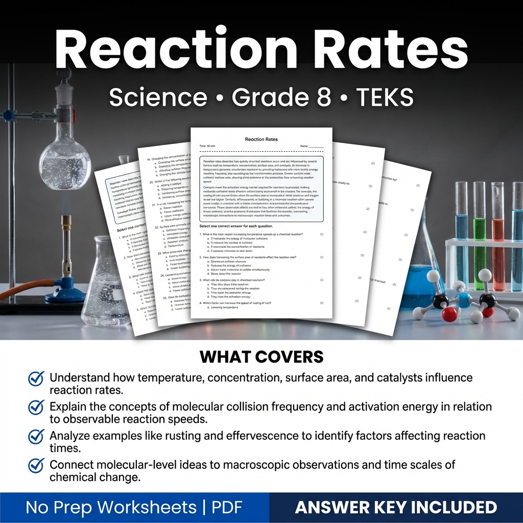 Reaction Rates Worksheet for Grade 8 Science| TEKS Aligned Practice & Assessment