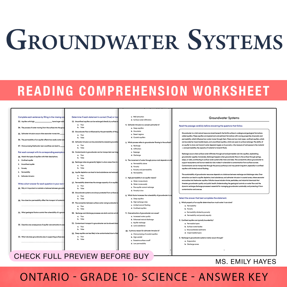 Grade 10 Science worksheet worksheet — Grade 10 Science | Groundwater Systems Worksheet (PDF + Answer Key) — page 1