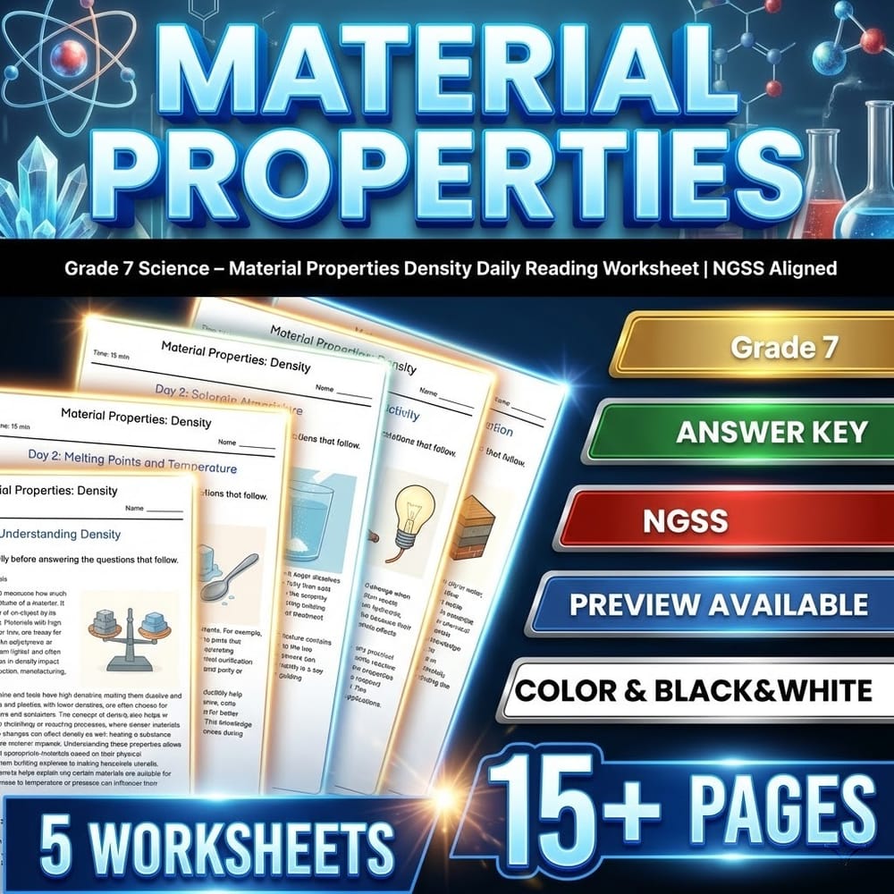Materials and Chemical Reactions Grade 7 Science Worksheets Bundle | NGSS — included worksheet 1