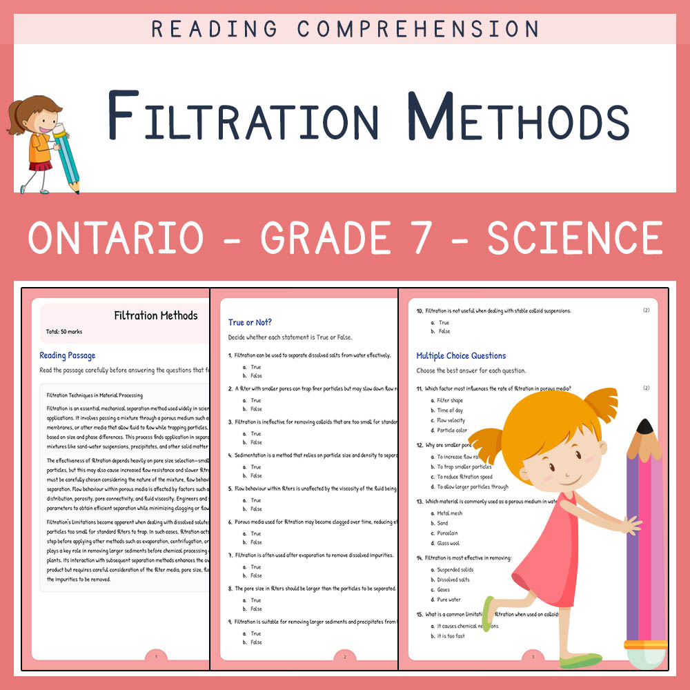 Grade 7 Science worksheet elena worksheet — Grade 7 Science  | Filtration Methods Worksheet Elena | Ontario Standard — page 1