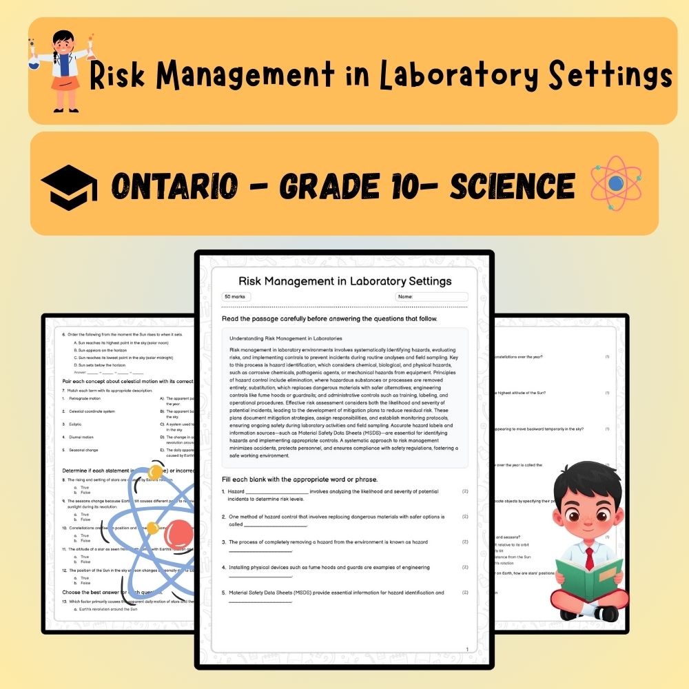 Grade 10 Science worksheet worksheet — Grade 10 Science | Risk Management in Laboratory Settings Worksheet (Answer Key) —…