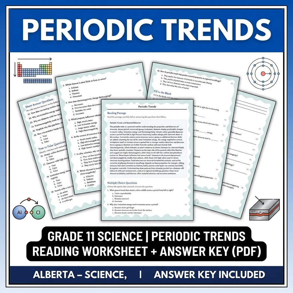 Grade 11 Science | Periodic Trends Reading Worksheet + Answer Key (PDF)