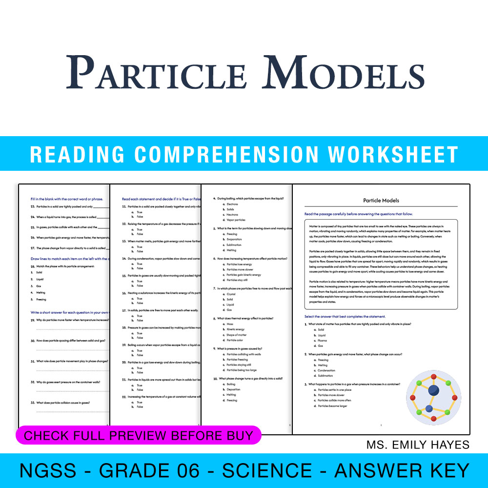 Grade 6 Science worksheet worksheet — 6th Grade Science | Particle Models Worksheet (PDF + Answer Key) — page 1