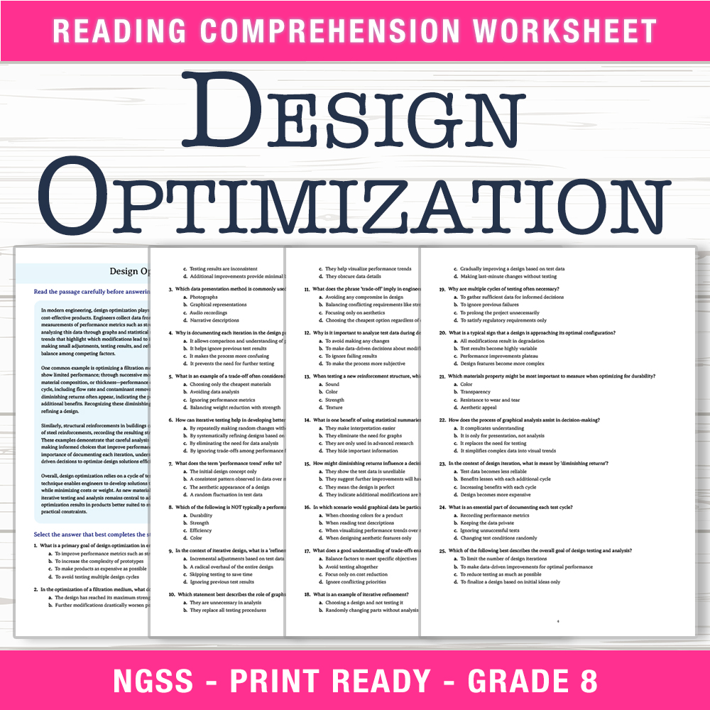 Grade 8 Science worksheet worksheet — Grade 8 Science | Design Optimization Worksheet (PDF + Answer Key) — page 1