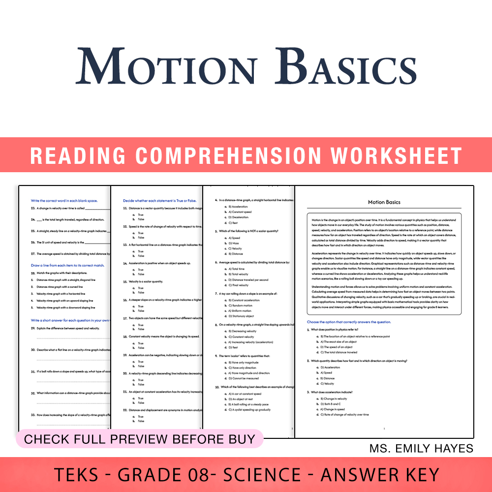 Grade 8 Science worksheet worksheet — 8th Grade Science | Motion Basics Worksheet (PDF+ Answer Key) — page 1