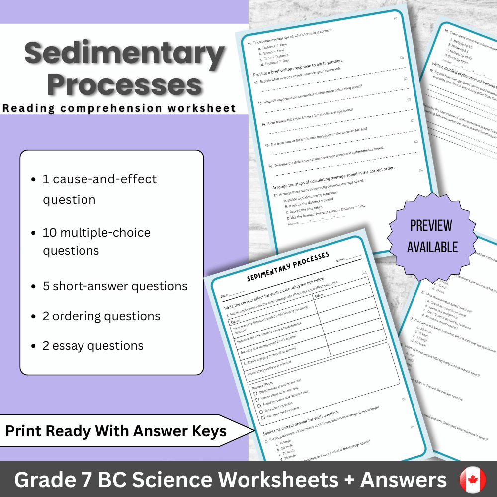Grade 7 Science | Sedimentary Processes Worksheet (Answer Key) | BC Standards
