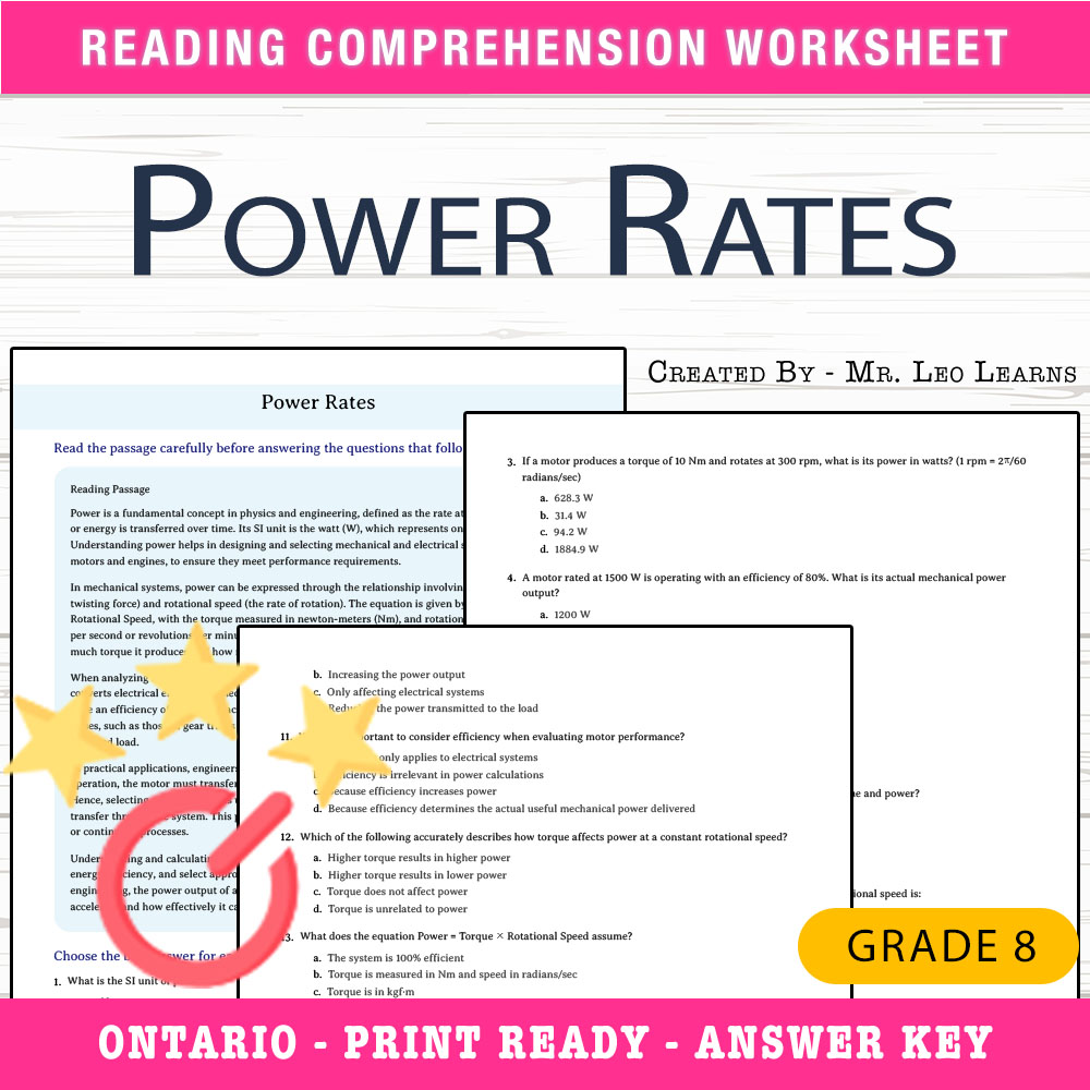 Grade 8 Science worksheet worksheet — Grade 8 Science – Power Rates Worksheet for Mastering Energy Concepts — page 1