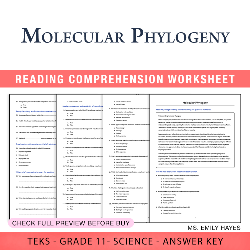 Grade 11 Science worksheet worksheet — 11th Grade Science | Molecular Phylogeny Worksheet (PDF+ Answer Key) — page 1