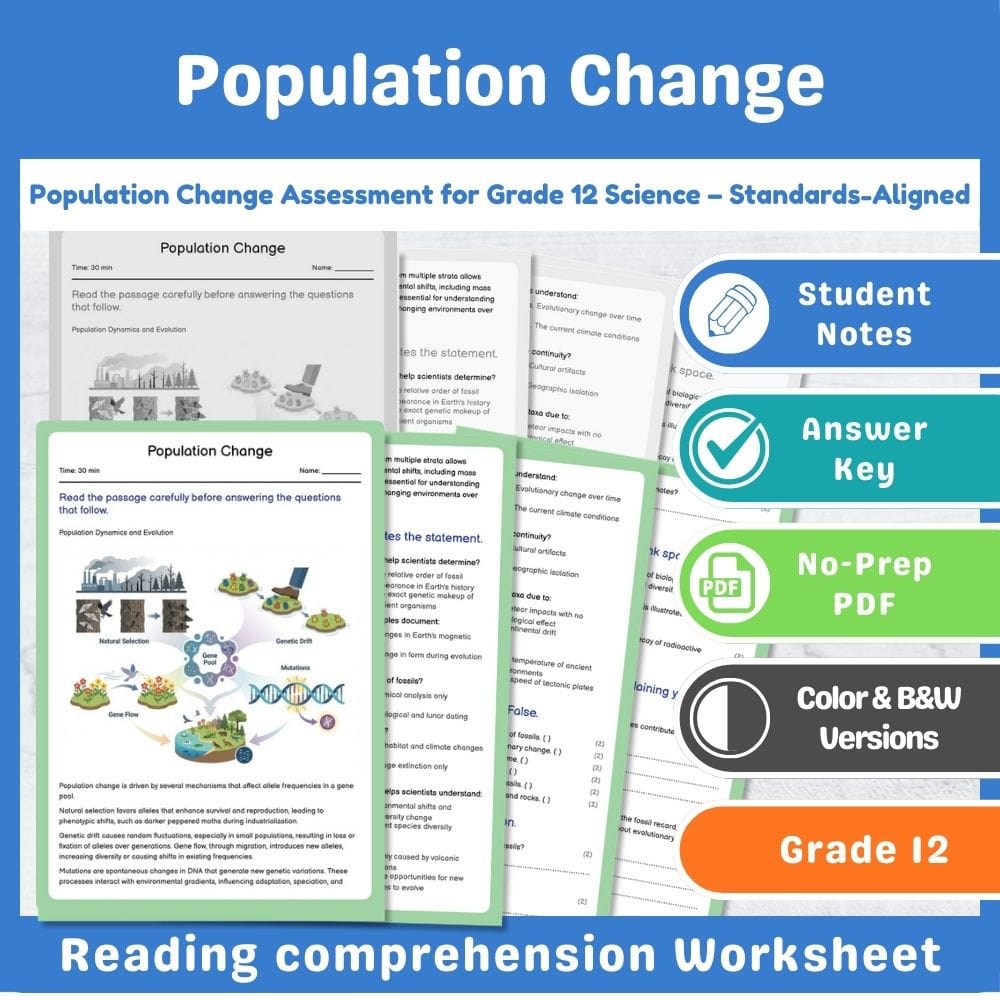 Grade 12 Science assessment worksheet — Population Change Assessment for Grade 12 Science – Standards-Aligned — page 1