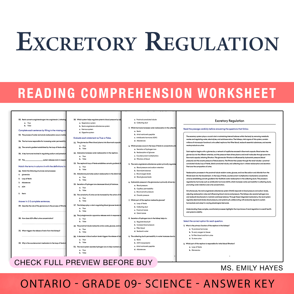 Grade 9 Science worksheet worksheet — Grade 9 Science | Excretory Regulation Worksheet (PDF + Answer Key) — page 1