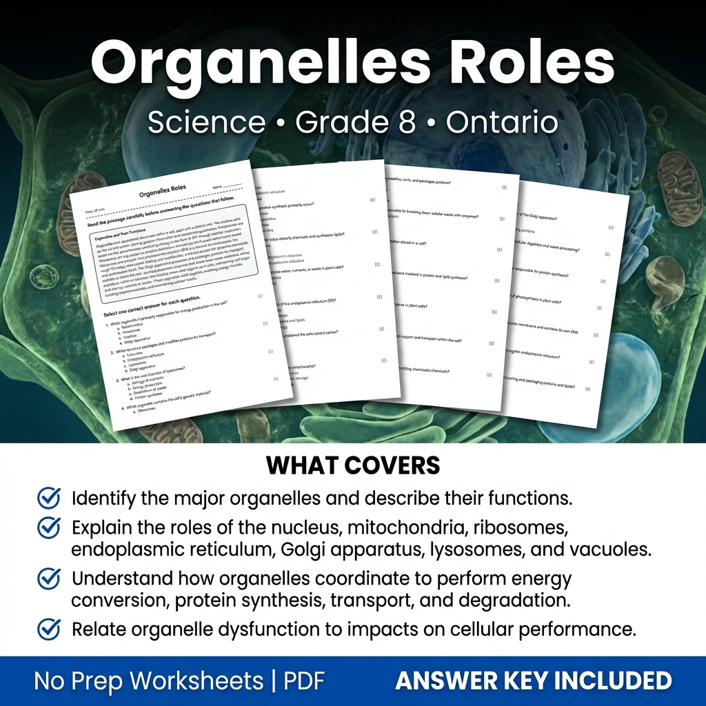 Grade 8 Science Worksheet on Organelles Roles | Ontario Standards