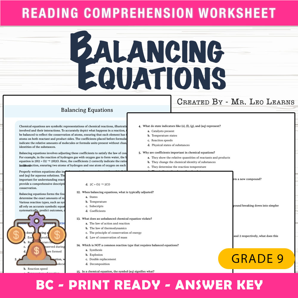 Grade 9 Science worksheet mcq paper worksheet — Grade 9 Science — Worksheet MCQ Paper for Mastering Balancing Equations —…