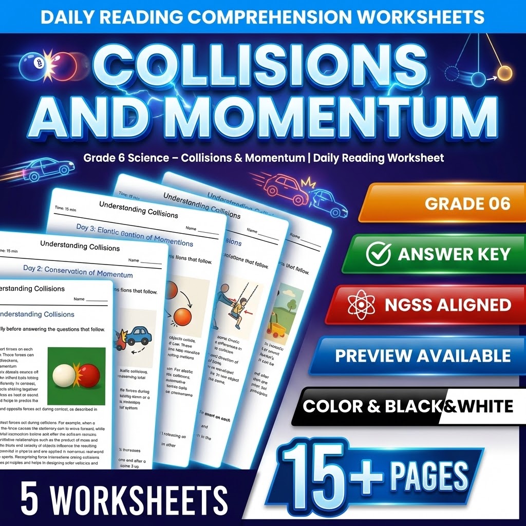 Grade 6 Science daily reading worksheet — Grade 6 Science – Collisions & Momentum | Daily Reading Worksheet