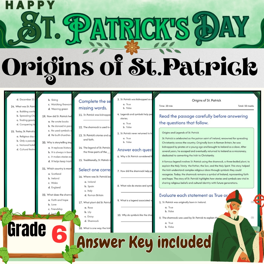 Grade 6 Seasonal – St. Patrick's Day Worksheets Bundle (Answer Key Included) — included worksheet 1