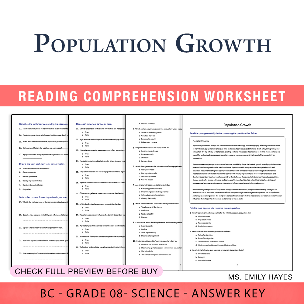 Grade 8 Science worksheet worksheet — 8th Grade Science | Population Growth Worksheet (PDF + Answer Key) — page 1