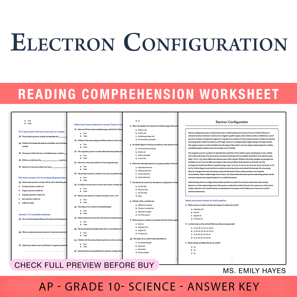 Grade 10 Science worksheet worksheet — 10th Grade Science | Electron Configuration Worksheet (PDF+ Answer Key) — page 1