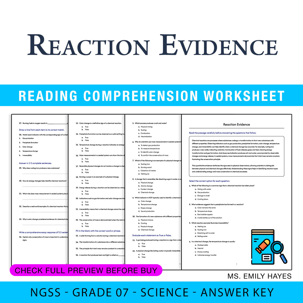 Grade 7 Science — worksheet — 7th Grade Science | Reaction Evidence Worksheet (PDF +Answer Key) — page 1