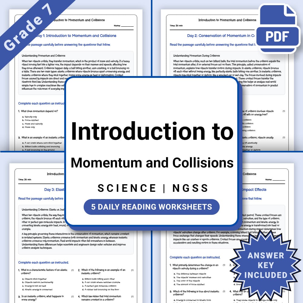 Grade 7 Science daily reading worksheet worksheet — Grade 7 Science – Introduction to Momentum and Collisions (PDF + Answe…