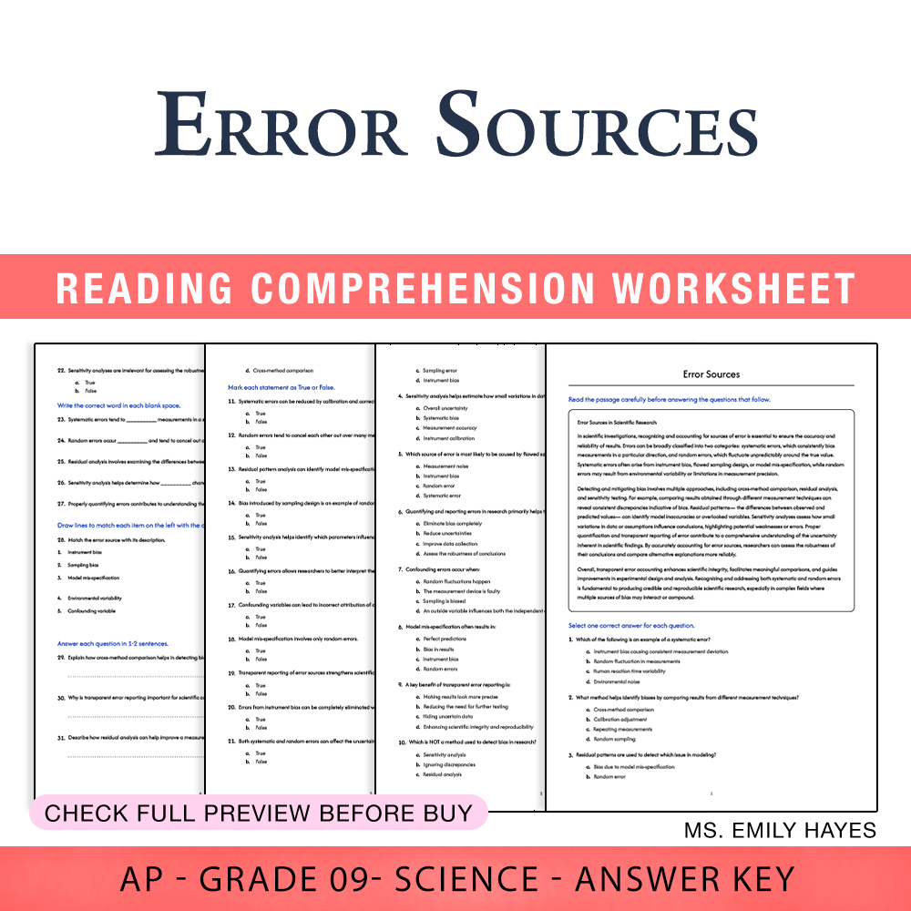 Grade 9 Science worksheet worksheet — Grade 9 Science | Error Sources Worksheet (PDF+ Answer Key) — page 1