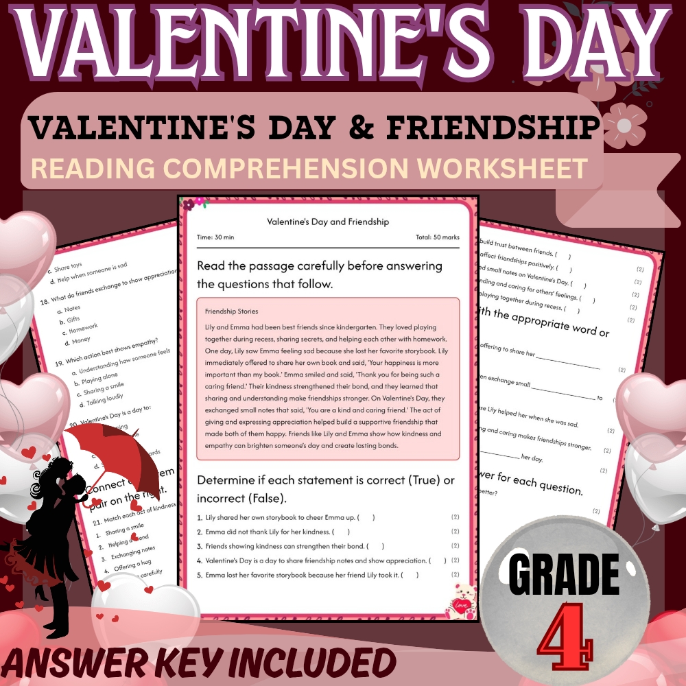Grade 4 Holiday Unit Bundle | Valentine's Day & Friendship Worksheets — included worksheet 2