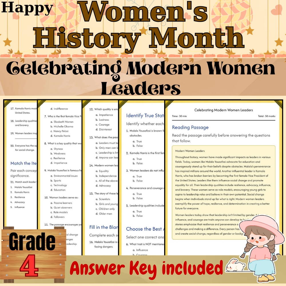 Grade 4 Seasonal  – Celebrating Modern Women Leaders Worksheet| PDF + Answer Key