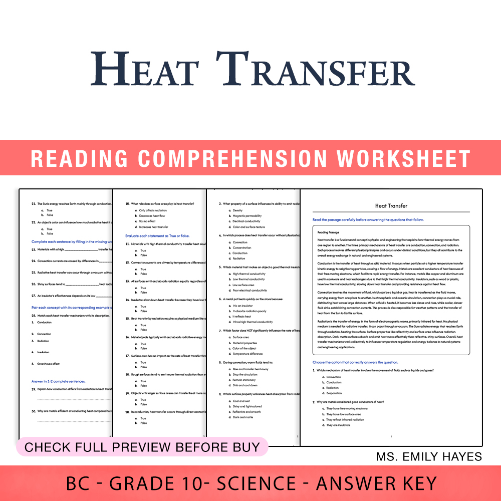 Grade 10 Science worksheet worksheet — 10th Grade Science | Heat Transfer Worksheet (PDF + Answer Key) — page 1