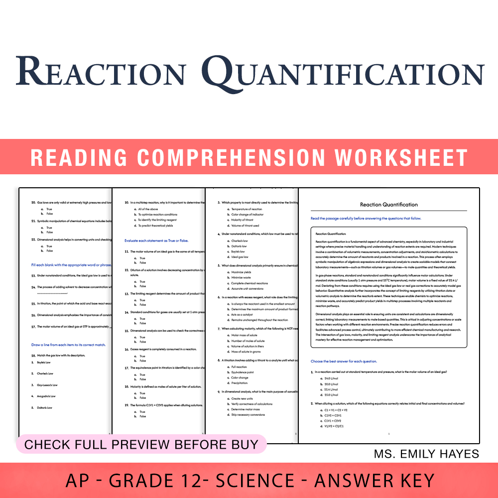 Grade 12 Science worksheet assessment worksheet — Grade 12 Science |Reaction Quantification Assessment Worksheet (PDF+ Ans…