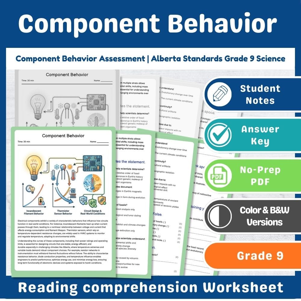 Grade 9 Science assessment worksheet — Component Behavior Assessment | Alberta Standards Grade 9 Science — page 1