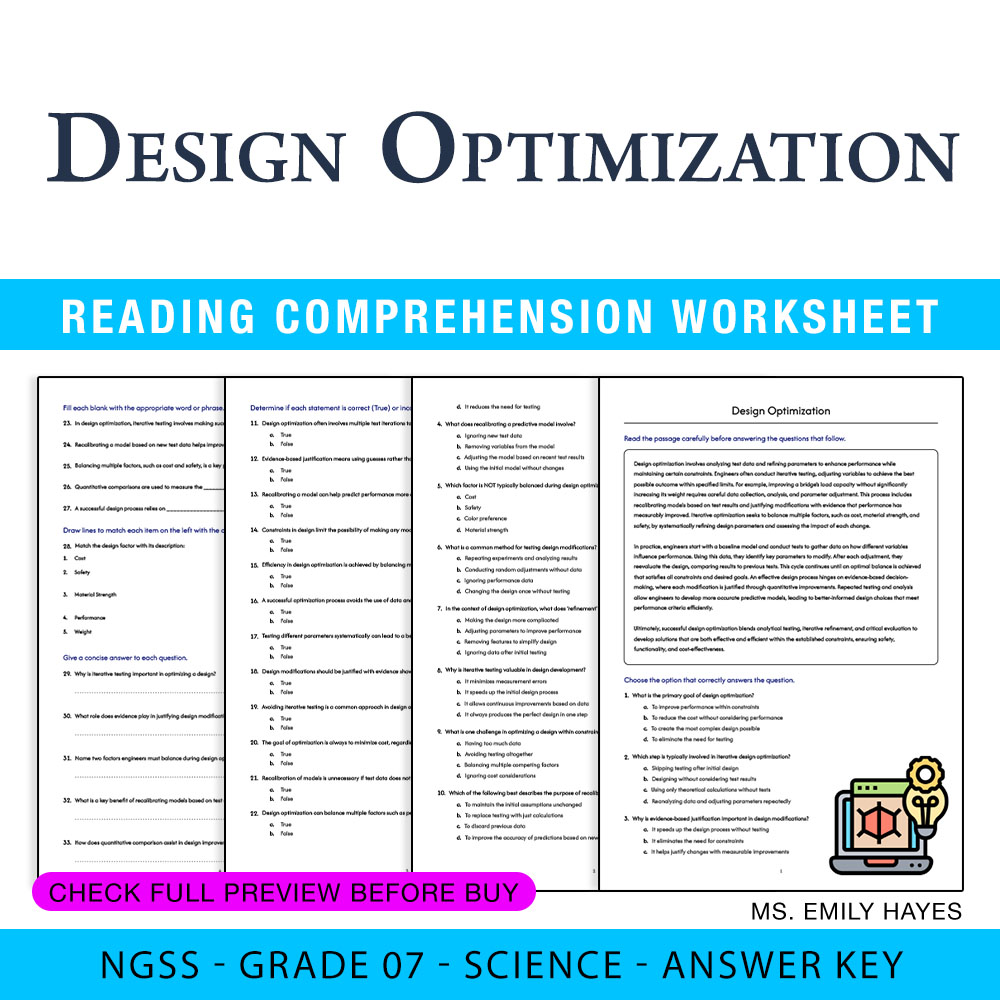Grade 7 Science worksheet worksheet — 7th Grade Science | Design Optimization Worksheet (PDF+ Answer Key) — page 1