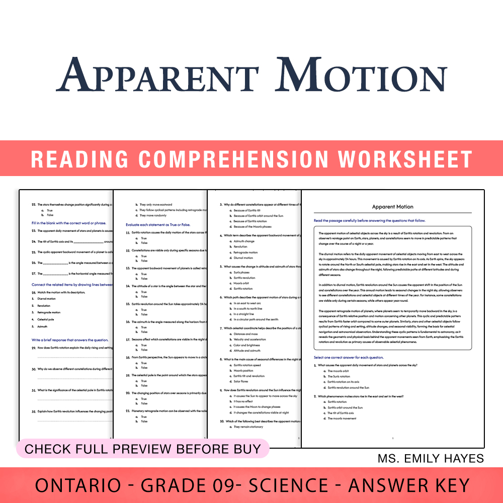 Grade 9 Science worksheet worksheet — 9th Grade Science | Apparent Motion Worksheet (PDF + Answer Key) — page 1