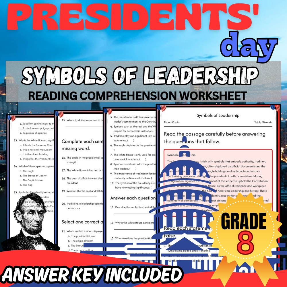 Grade 8 Presidents' Day Bundle|Leadership & Legacy Worksheets (PDF + Answer Key) — included worksheet 1