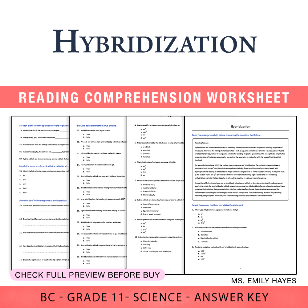 Grade 11 Science worksheet worksheet — Grade 11 Science | Hybridization Worksheet (PDF + Answer Key) — page 1