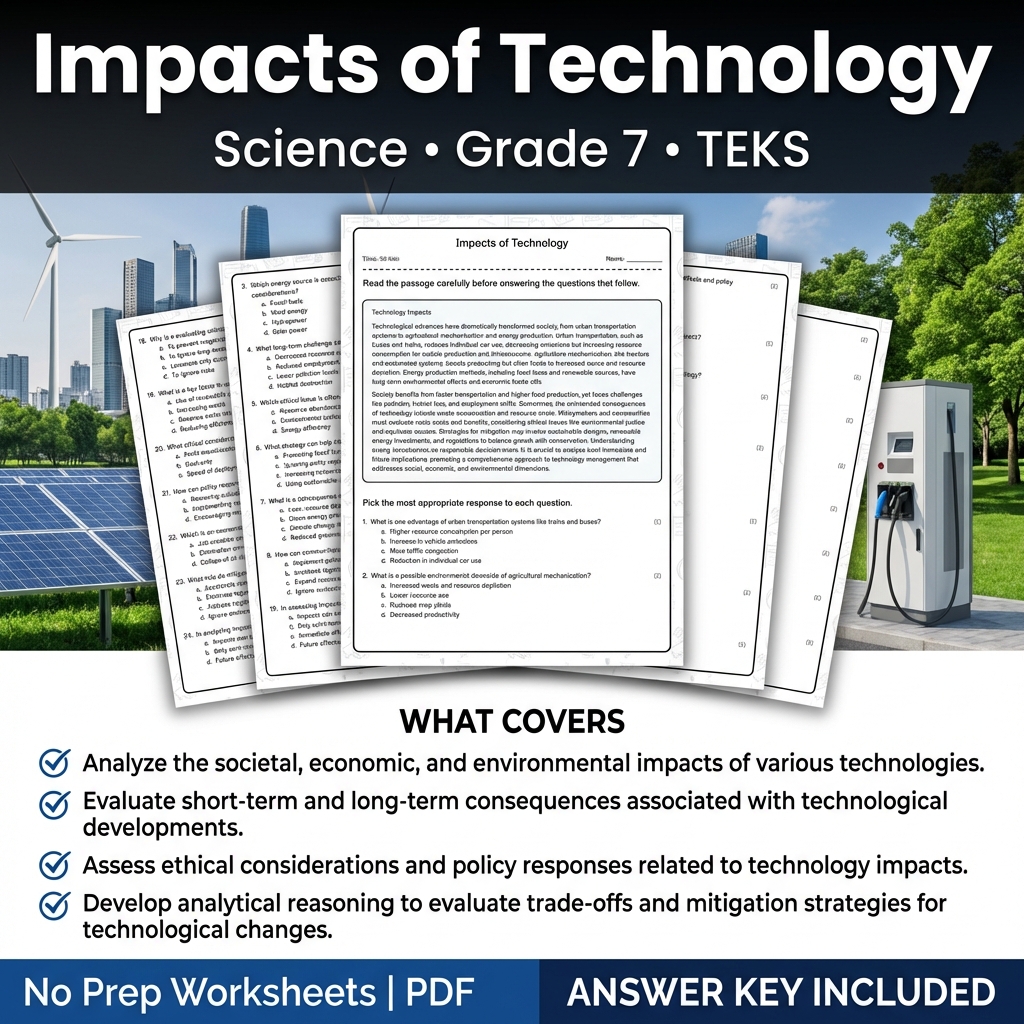 Impacts of Technology Grade 7 Science Worksheet | TEKS aligned assessment