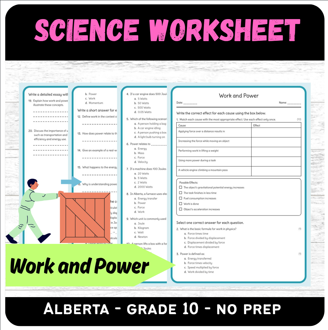 Grade 10 Science | Work and Power Worksheet – Alberta Standards (PDF)