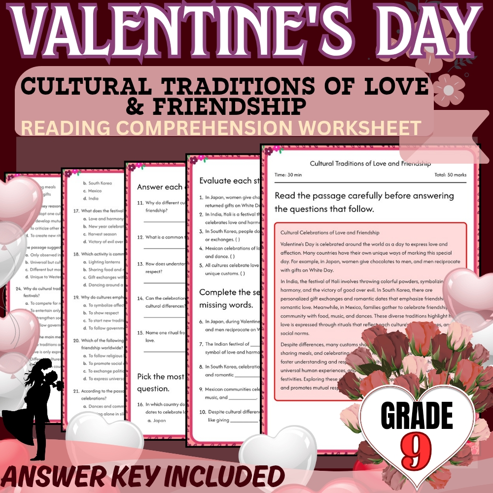 Grade 9 Holiday Unit | Valentine’s Day Worksheets  (Answer Keys Included) — included worksheet 1