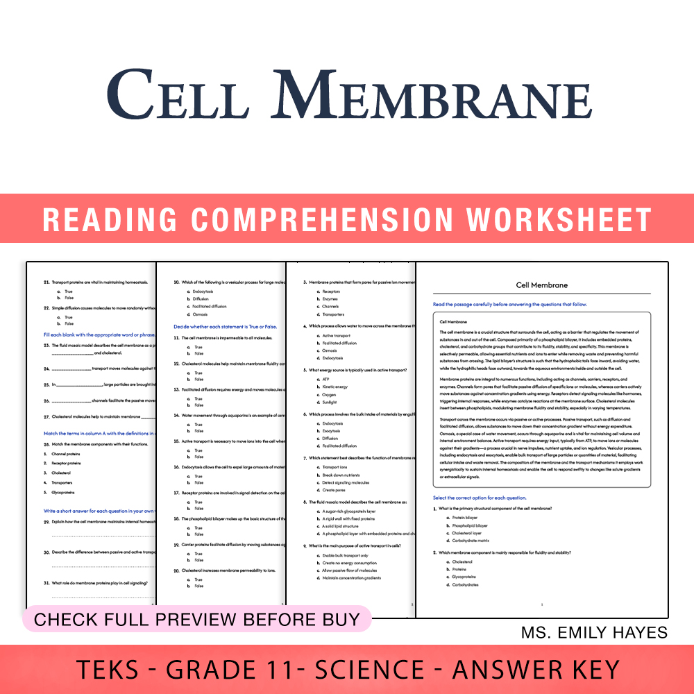 Grade 11 Science worksheet worksheet — 11th Grade Science | Cell Membrane Worksheet (PDF+ Answer Key) — page 1