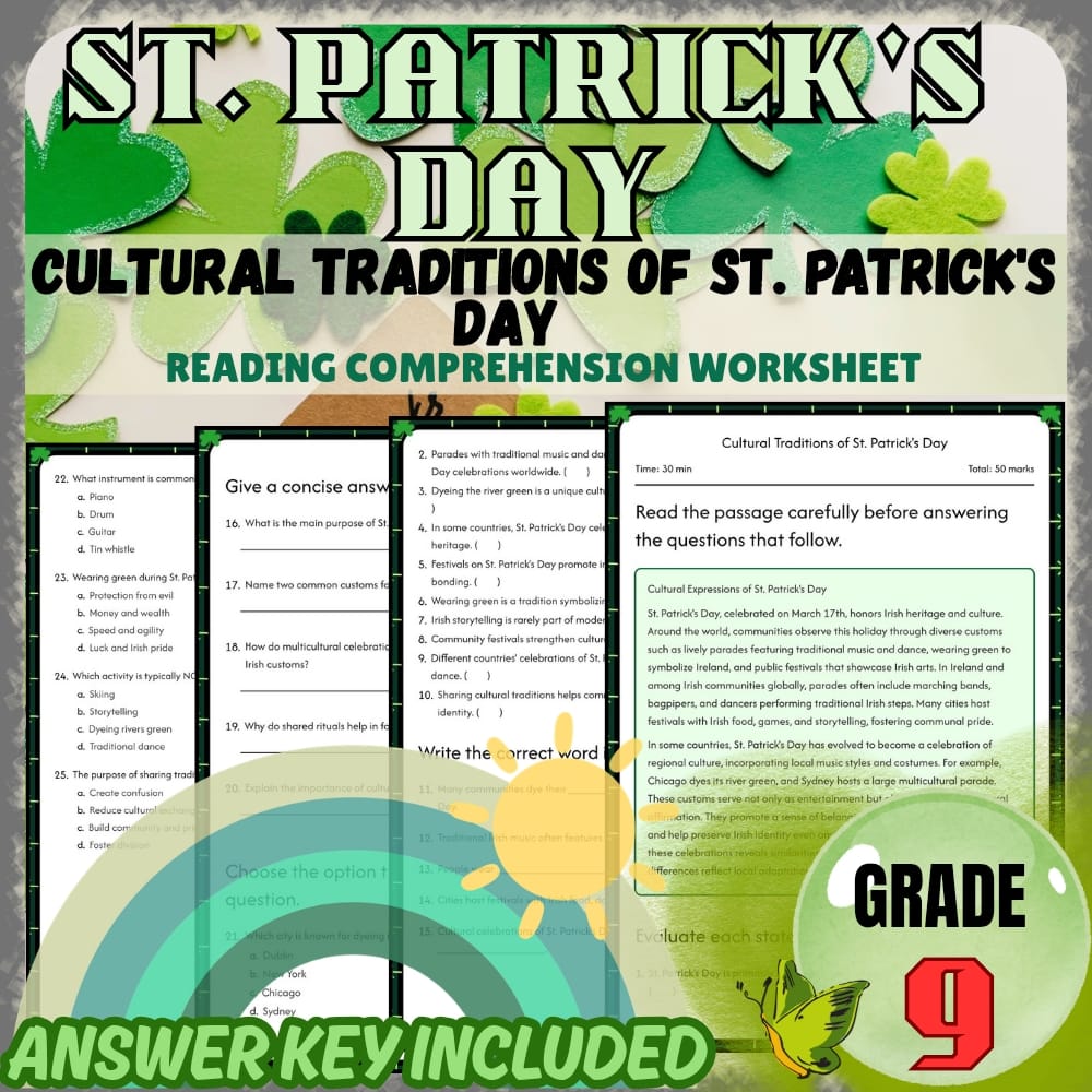 Grade 9 Worksheets Bundle | St. Patrick's Day Cultural & Folklore Activities — included worksheet 1