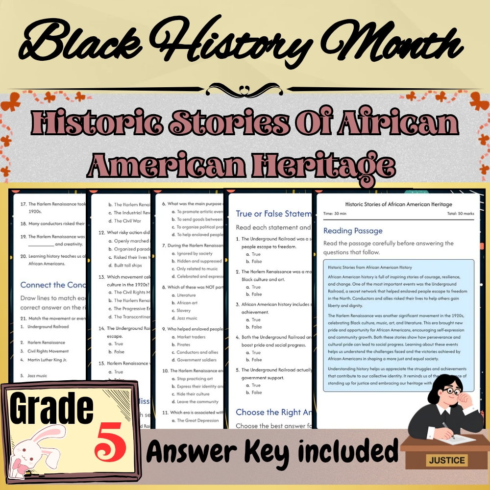 Grade 5 Historic Stories of African American Heritage Worksheet|PDF + Answer Key