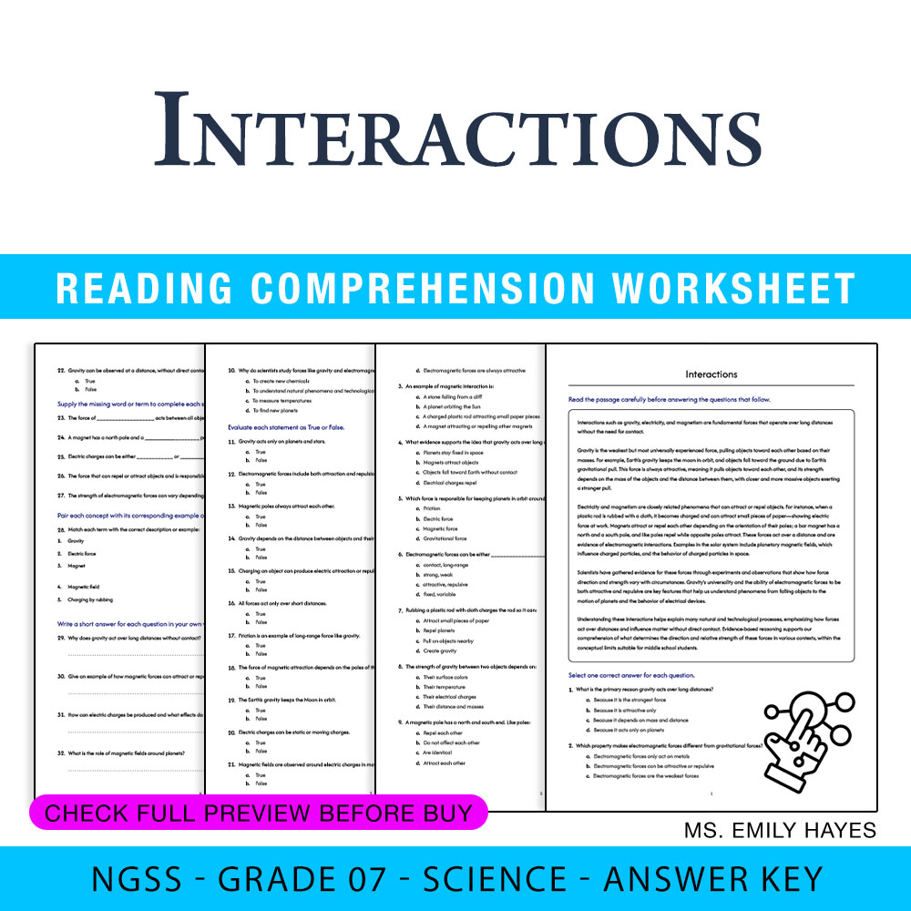 Grade 7 Science worksheet worksheet — 7th Grade Science | Interactions Worksheet (PDF+ Answer Key) — page 1
