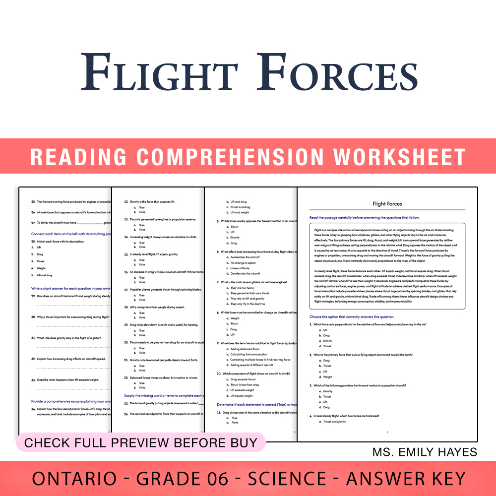 Grade 6 Science worksheet worksheet — Grade 6 Science | Flight Forces Worksheet (PDF + Answer Key) — page 1