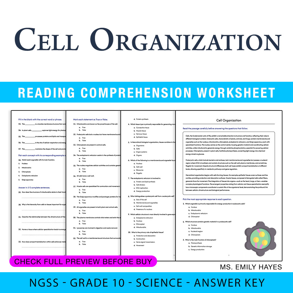 Grade 10 Science worksheet worksheet — 10th Grade Science | Cell Organization Worksheet (PDF+ Answer Key) — page 1