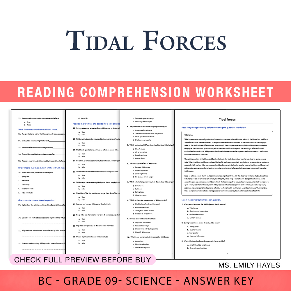 Grade 9 Science worksheet worksheet — 9th Grade Science | Tidal Forces Worksheet (PDF+ Answer Key) — page 1