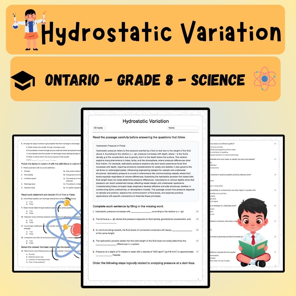 Grade 8 Science worksheet worksheet — Grade 8 Science Worksheet | Hydrostatic Variation – Concepts & Practice (PDF) — page 1