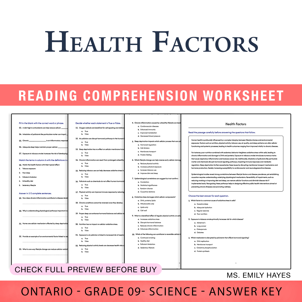 Grade 9 Science worksheet worksheet — Grade 9 Science | Health Factors Worksheet (PDF + Answer Key) — page 1