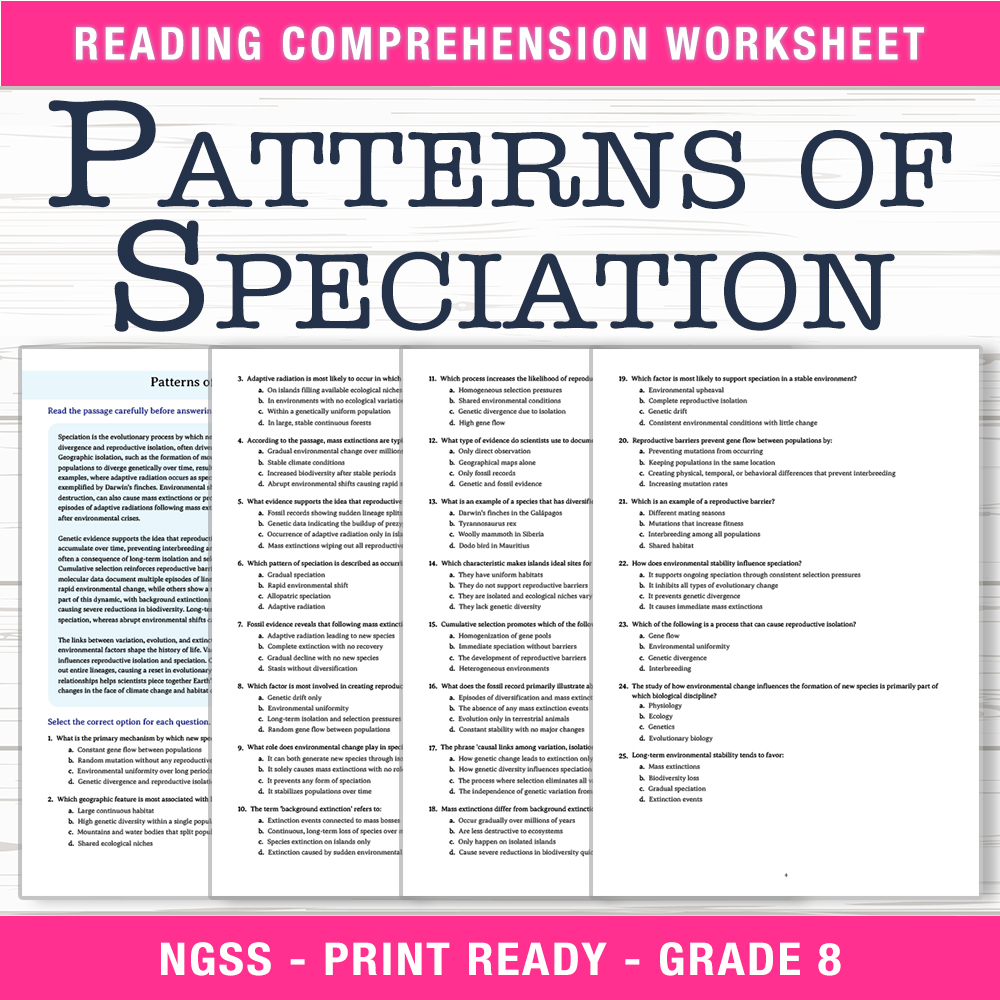 Grade 8 Science worksheet worksheet — Grade 8 Science | Patterns of Speciation Worksheet (PDF + Answer Key) — page 1