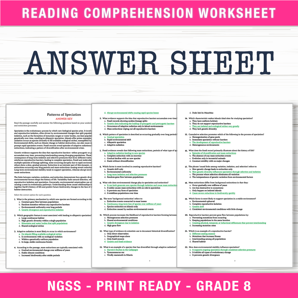 Grade 8 Science worksheet worksheet — Grade 8 Science | Patterns of Speciation Worksheet (PDF + Answer Key) — page 2