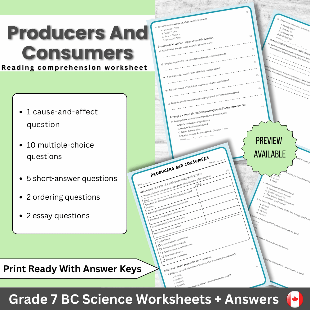 Grade 7 Science | Producers and Consumers Worksheet + Answer Key – BC Curriculum