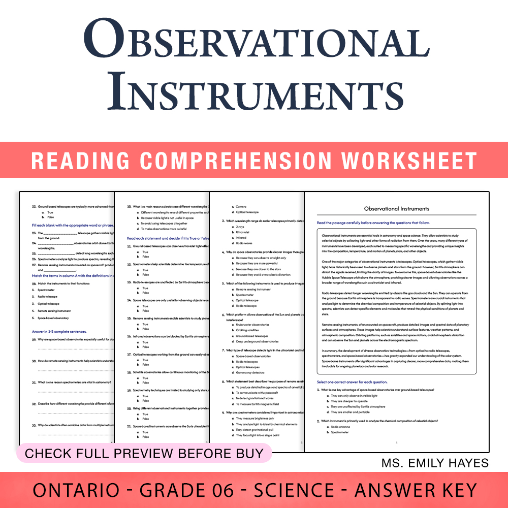 Grade 6 Science worksheet worksheet — 6th Grade Science | Observational Instruments Worksheet (PDF + Answer Key) — page 1