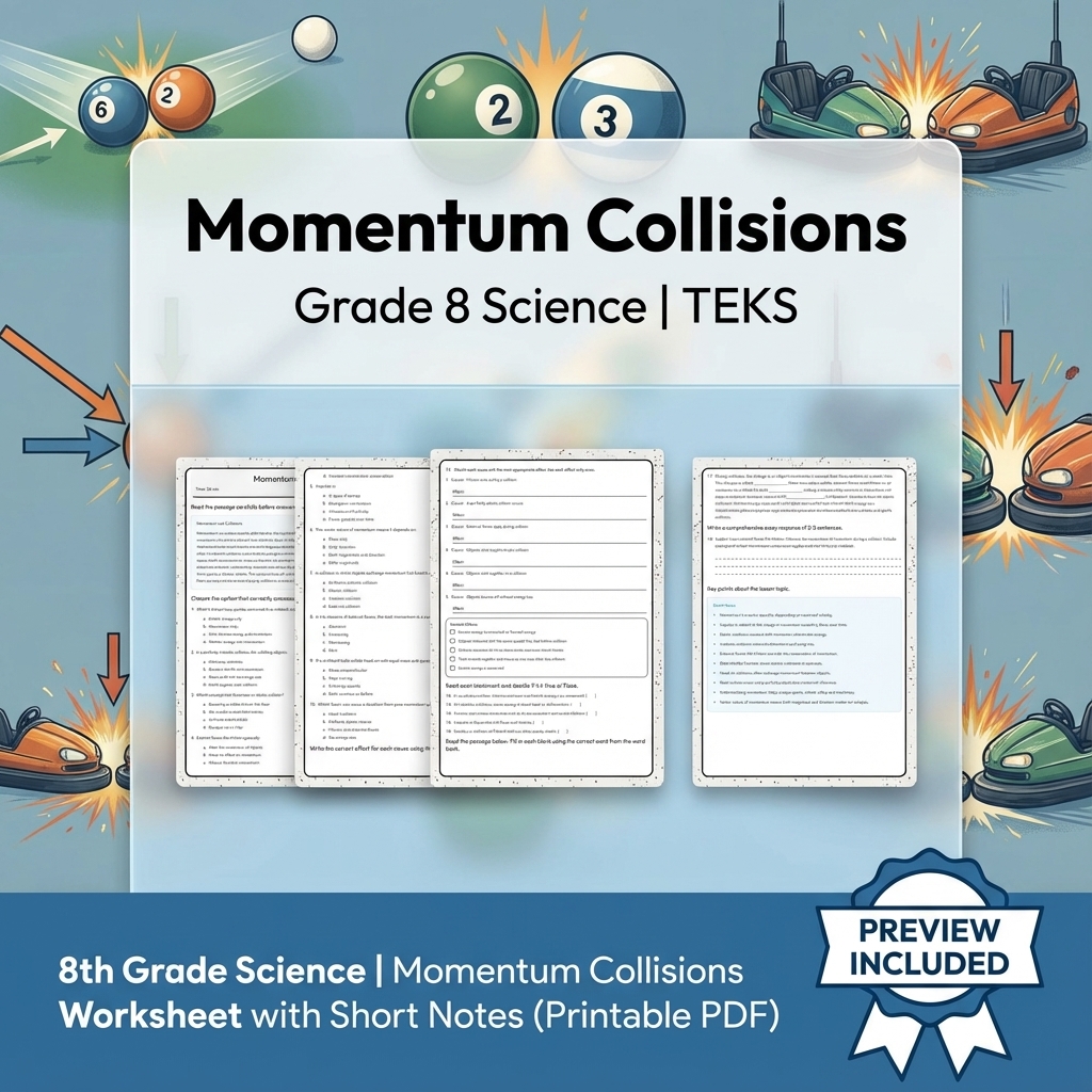 8th Grade Science Momentum Collisions Worksheet with Short Notes (Printable PDF)