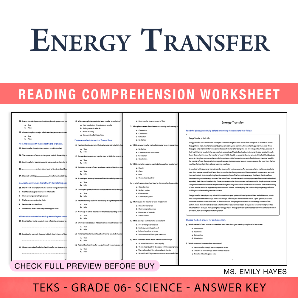 Grade 6 Science worksheet worksheet — 6th Grade Science | Energy Transfer Worksheet (PDF+ Answer Key) — page 1